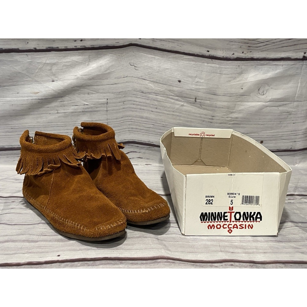 Minnetonka Brown Suede Fringe Zip-Up Moccasins Womens Size 5 Excellent Condition